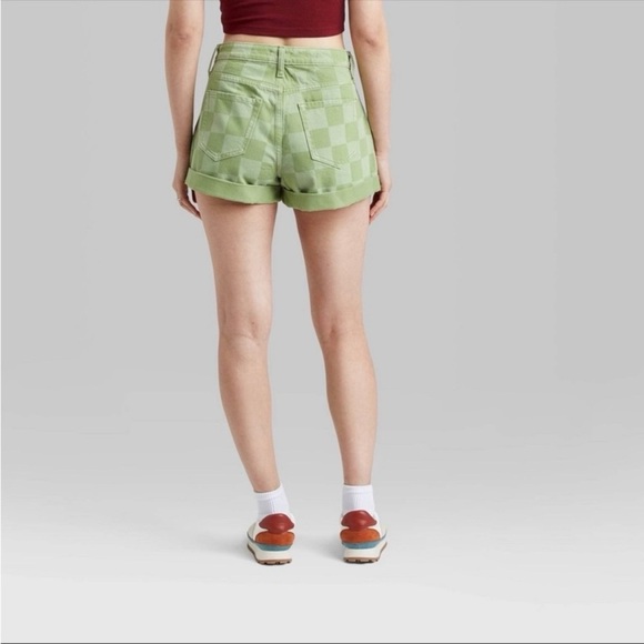 🚨Wild Fable Green Checker Highest Rise Mom Shorts Womens 2 Cuffed Skater Grunge - Picture 2 of 14